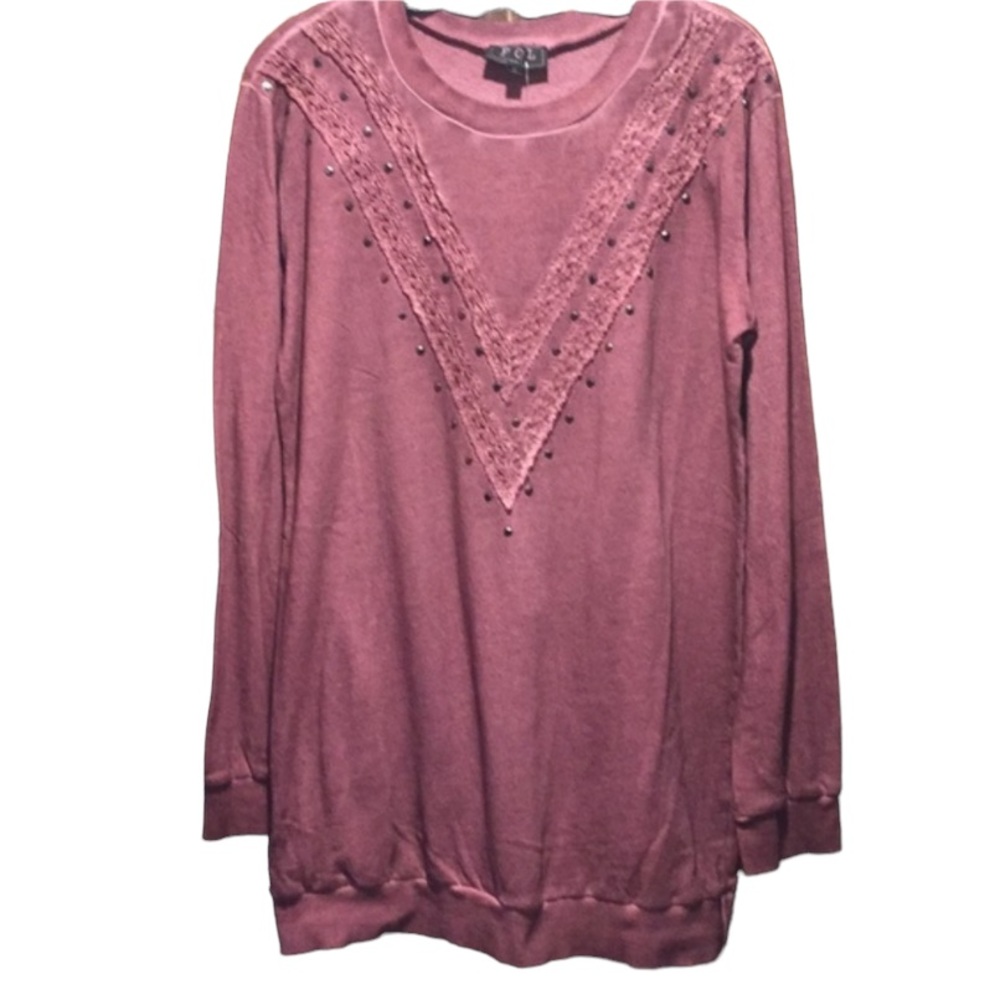POL Embellished Lace Long Sleeve Crewneck Burgundy Long Sweatshirt Large